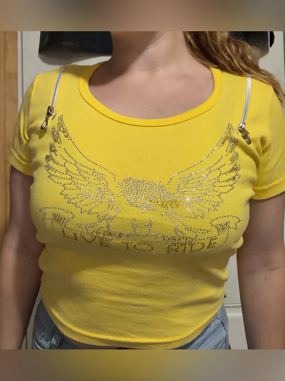 Biker Design Women's Zipper Accent Rhinestone Eagle Top